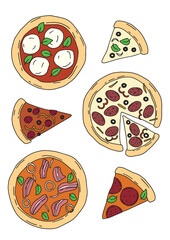 color drawn vector set of different types of pizza