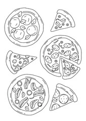 linear drawn vector set of different pizza slices