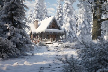 Winter's embrace in daylight-a cozy house surrounded by snow-draped trees, a picturesque scene of seasonal delight.