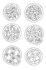  linear drawn vector set of different pizza 