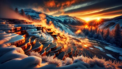 A scene captures frosty sunrise at Mammoth Hot Springs in Yellowstone