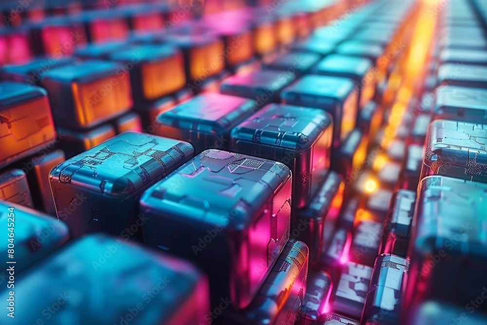 Poster a close-up display of glowing neon futuristic containers resembling advanced technology circuits and