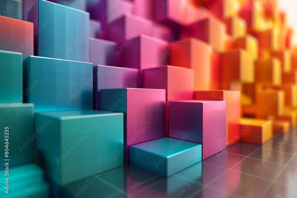 Poster an artistic arrangement of multicolored 3d cubes appearing to move, creating a visually dynamic patt
