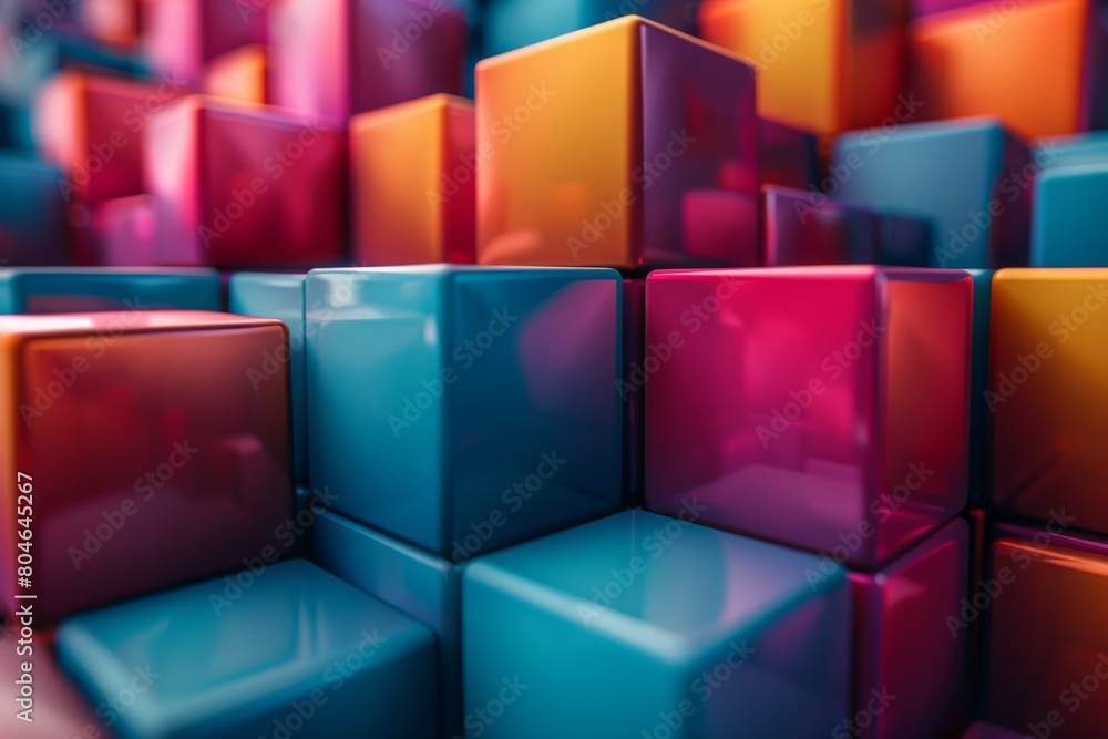 Poster a mesmerizing close-up of shiny, colorful 3d cubes with soft shadows and highlights, creating a stri