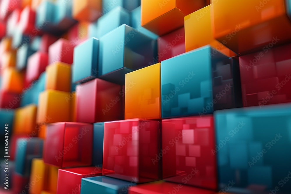 Poster this 3d rendered image showcases a vibrant array of cubes in a grid pattern with a strong depth of f
