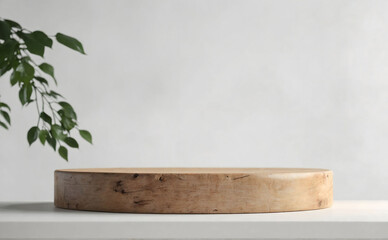  Wooden product display podium with blurred nature leaves background. 3D rendering style