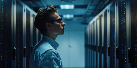 Fototapeta premium Portrait of technical engineer of system administrator on the background of server room, copy space. Work as an IT technician.