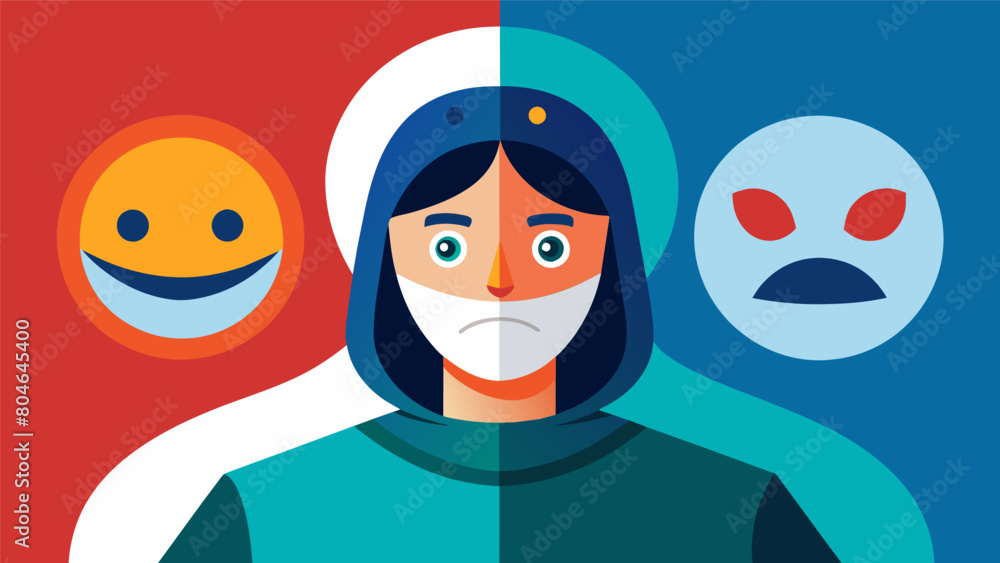 Poster a digital illustration of a person wearing a mask with different emotions and personalities represen