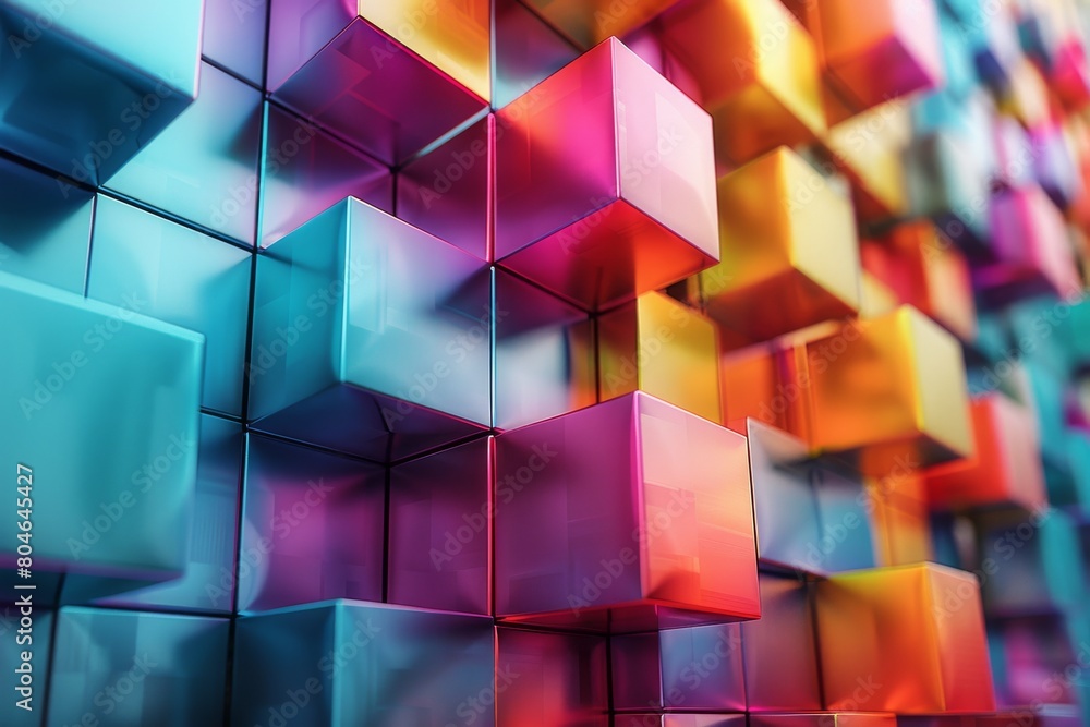 Poster the image depicts an abstract, glossy pattern of multicolored cubes that reflect light, imparting a 