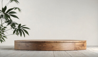  Wooden product display podium with blurred nature leaves background. 3D rendering style
