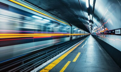 Fototapeta na wymiar Speeding train in motion at underground station