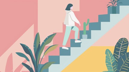 Woman ascending stairs in pastel setting