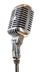 Fototapeta premium Vintage silver microphone with a metallic stand, full view isolated on a transparent background