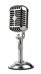 Classic Vintage Silver Microphone on Stand Isolated on Transparent Background