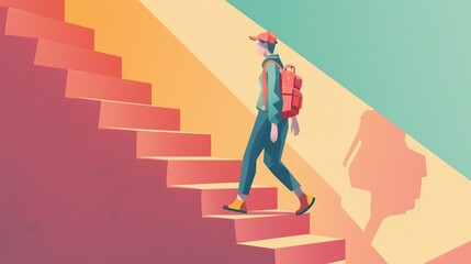 Adventurous woman climbing stairs to success