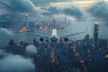 An aerial viewpoint captures a jet airliner flying over a brightly lit cityscape at twilight, with clouds above