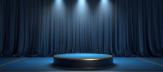 3d podium blue background and fabric curtain with spotlight luxury,Podium background blue platform product 3d studio stage pedestal light. Stand background product podium platform blue scene abstract 