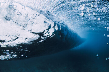 Wave underwater. Blue ocean in underwater. Surfing sea wave