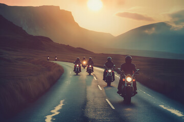A group of motorcyclists ride down the asphalt road under the cloudy dusk sky. Generative AI