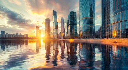Sunset cityscape with reflective waterfront