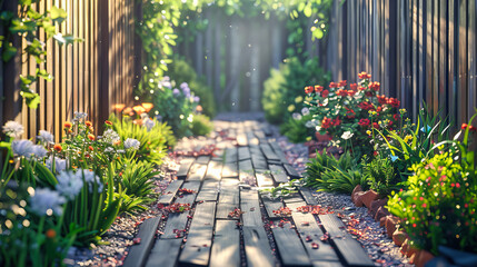 Tranquil Path Through Lush Green Park, Colorful Flowerbeds and Bright Sunlight, Ideal for a Peaceful Walk