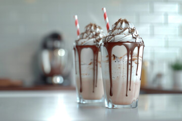 Two delicious milkshake whipped cream drizzled with chocolate caramel straws blurred kitchen...