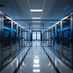 Secure data center with rows of servers safeguarding sensitive information.