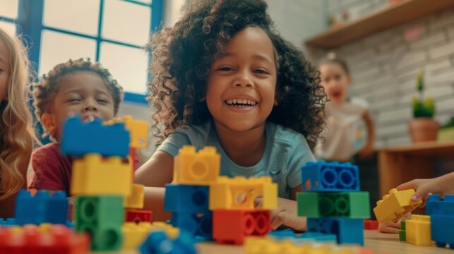 Joyful child playing with colorful blocks