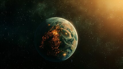 Digital art of an apocalyptic event with a burning planet against a starry backdrop