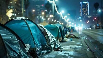 Homelessness and poverty prevail in major cities such as Downtown Los Angeles. Concept Homelessness, Poverty, Major Cities, Los Angeles - obrazy, fototapety, plakaty