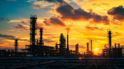 Fototapeta premium Machine of petrochemical industry with sunset yellow sky