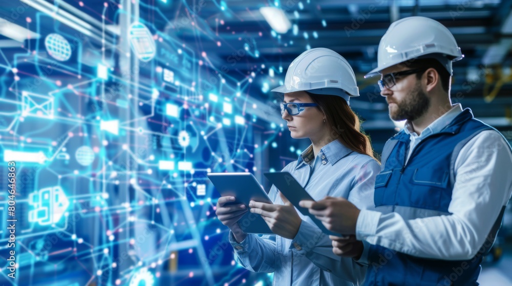 Aufkleber Male and female industrial engineers using tablet computer and blueprints checking and analysis data of power plant station project on network background.