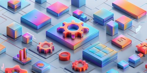 Colorful 3d industrial icons on blue grid background