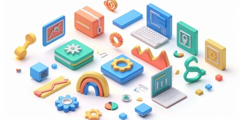 Isometric illustration of a modern digital workspace with vibrant 3d icons