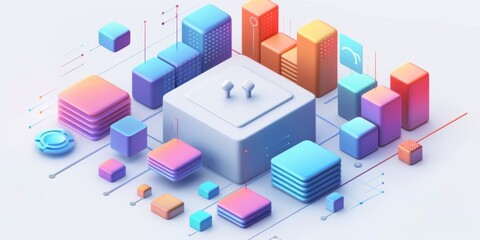 Abstract 3d data blocks and central hub concept