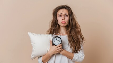 Woman Holding Pillow and Alarm Clock
