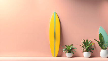A yellow surfboard is leaning against a wall next to two potted plants