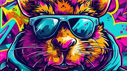   A feline wearing shades in a vibrant mural backdrop