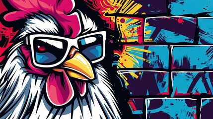   Close-up photo of rooster with sunglasses on brick wall with paint splatters