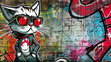   A feline adorned with spectacles perched before a mural of graffiti art on a wall