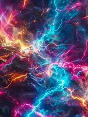 A digital collage of chaotic yet harmonious luminous, multi-colored lightning bolts fills the frame with electric energy. The high-contrast, visually striking design is inspired by retrofuturism,