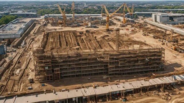 An Aerial View Of A Busy Construction Site On A Dirty Puddly Ground It Is Filled With Construction Cranes Multi Storey Building Frames And Metal Beams There Is A Misty Urban scape
