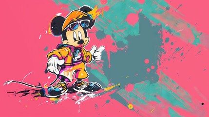   Mickey Mouse on Pink Background with Splattered Paint - obrazy, fototapety, plakaty