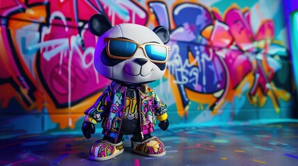   A toy panda bear in sunglasses and jacket against a graffiti-covered, colorful wall