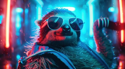   A stylish bear in sunglasses and fur coat lounging in a room illuminated by red, blue, and neon lights