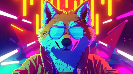  A wolf in sunglasses against a neon backdrop with lights