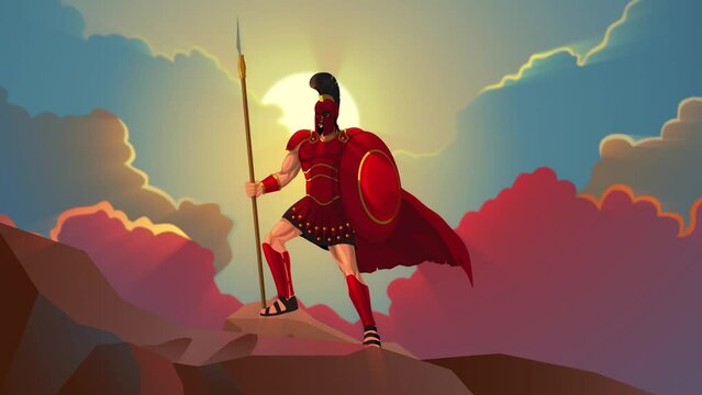 Ancient mythology motion graphic of Ares, the Greek god of war, standing resolute in crimson armor atop a rocky precipice. Ideal for presentations, documentaries, and mythological content