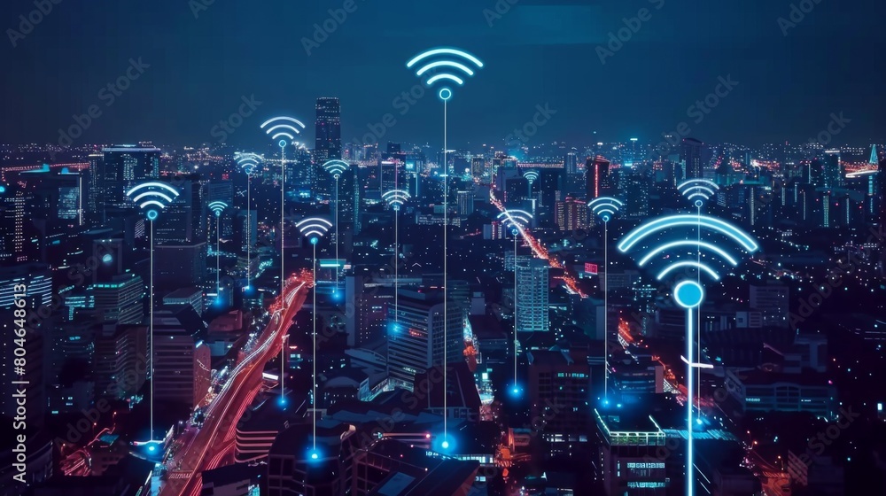 Aufkleber modern city with wireless network connection and city scape concept.wireless network and connection 