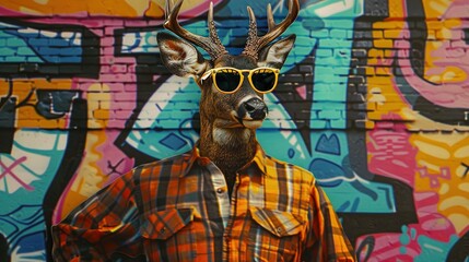   A deer with sunglasses stands before a painted deer on a wall