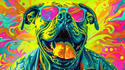   Painting of a dog wearing sunglasses, with its tongue sticking out of its mouth
